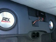 MTX Thunderform with 2 MTX 10" subs.  RF Power T400.2 amp bridged.