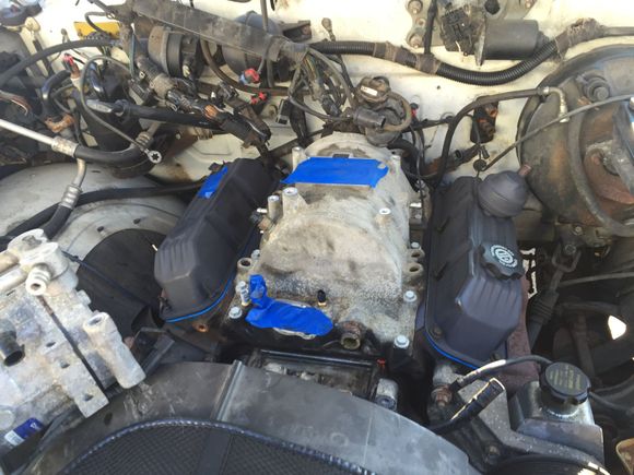 The intake with the new aluminum belly pan and gaskets installed