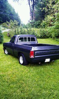 I built this from 2 different trucks,my dads (which became mine) 1986 3/4 ton 2wd long box, (I learned to drive in it) and a 1982 1/2 ton short box, slant 6 4spd. I used the cab,doors, front fenders, auto trans. etc off the 1986, built a killer 360, used the frame, suspension and short box off the 1982 1/2 ton.