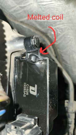 This is the brand new coil on the #7 cylinder. Ran for less  than 10 miles and then melted. This was after I got stuck at the dump. 