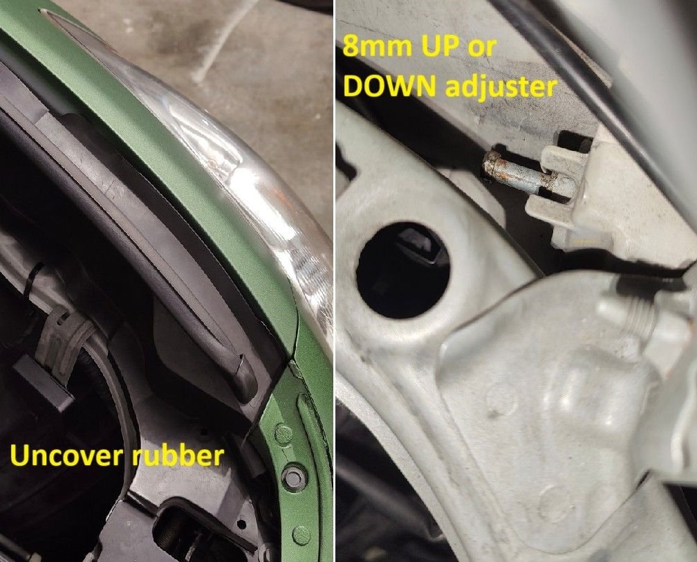 Headlight adjusting 8mm bolt under rubber cover.