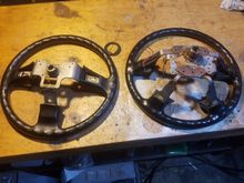 Both wheels here side by side. Prelude on the left and OEM Accord on the right. Immediately you'll notice the difference in height, which cause some fitment issues with the wiper/signal stalks. Also not the difference in the inside diameter of the hubs.