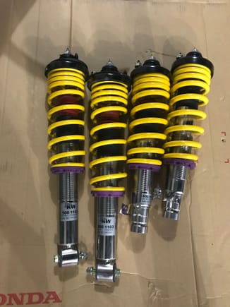Ok another of the very few aftermarket items going in the car, is a brand new set of KW V2 coilovers. Why? I wanted a slight drop.... and I have KW in four other of my vehicles and have nothing but great things to say about the product, so not only will I be able to get the car to sit the way I want... I know for sure it'll ride better than stock suspension.