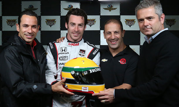 Photo from auction. Senna tribute helmet that Pagenaud wore @ Indy 500......Helio, Simon,TK, and Gil