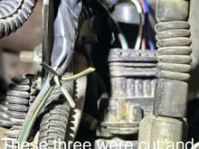 Note: 3 wires cut at the CC Actuator. They are:

Black/ w yellow stripe
Black/ w Dark Red stripe (could be a brown)
White/ light blue stripe

These wires were replaced by the red, white, blue 