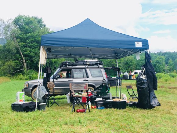 Base camp with the awning added on site. Purchase from a hardware store near by.