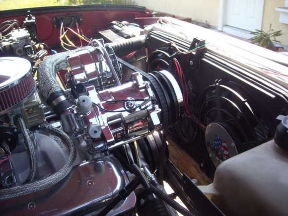 Radiator view, all aluminum dual row with dual flex a lite electric cooling fans.