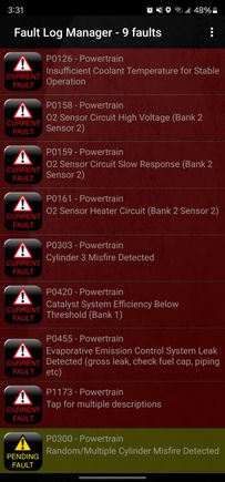 Here are the codes. All the 02 and powertrain codes were present before the misfire and engine noise 