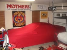 Custom red satin car cover, shes all tucked in