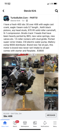 Anyone looking for a nice built small block Chevy, my nephew has this motor for sale. It has a lot of good parts, and a nasty set of Brodix Track 1 heads that have been ported by B.E.S. Message me if you have any questions, or would like his contact info.