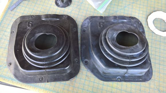 I bought a good condition, used OEM boot (right) and cut the center out to match the torn reproduction garbage.