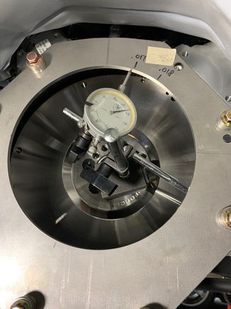 The number showing on the dial indicator doesn't match up with what is written on the plate because this picture was taken about 10 days later when my offset dowel pins arrived.  I installed them in the wrong direction and got the terrible number shown on the dial indicator.