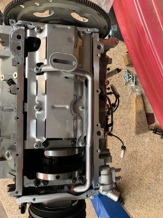 Tray, Holley oil pick-up installed and Ultra Black silicone in the corners of the block.