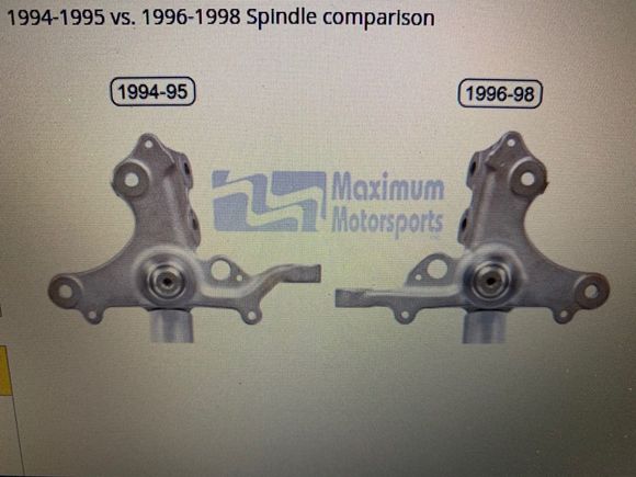 The later 1999-2004 spindles are the same as the '96-'98 except they have a little more clearance around the mounting ears.  In other words, the 1996-2004 are all the same.  Do not use them with a stock, OEM Fox K member!