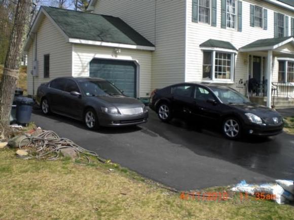 My son's '05 Altima 3.5 (Yea, it's a manual)  with my '04 Maxima SE (Boo, it's a 5 speed Auto:-(). Max is stock. Altima has: AEM Cold Air Intake, Intake Spacers, Cattman Headers, Borla Catback, Stillen Strut Bar, Nismo Anti Sway Bars F/R, Racingline End Links, Traction Rods &amp; Motor Mount Inserts, Billit Grille, Smoked Tail Lights, Tinted Windows, De-badged. Next Mod???  Reflashing or Dyno-tuning car.