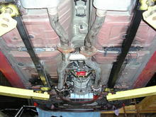MM super subframe connecters, showing one finished being painted. Exhaust is bbk long tubes w/bbk off road h-pipe to 40 series flo's.