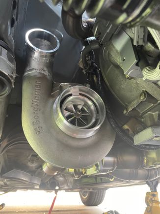 Got the turbo mounted in place, I actually had to purchase the aluminum brace because I needed the extra clearance it gave due to the oem part having clearance issues with the turbo