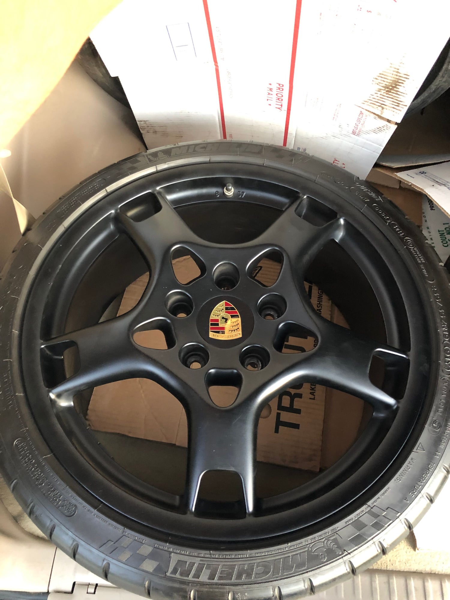 Wheels and Tires/Axles - Set of 19" satin black oem lobster fork rims with Michelins and tpms - Used - 2005 to 2009 Porsche 911 - Monterey Park, CA 91755, United States