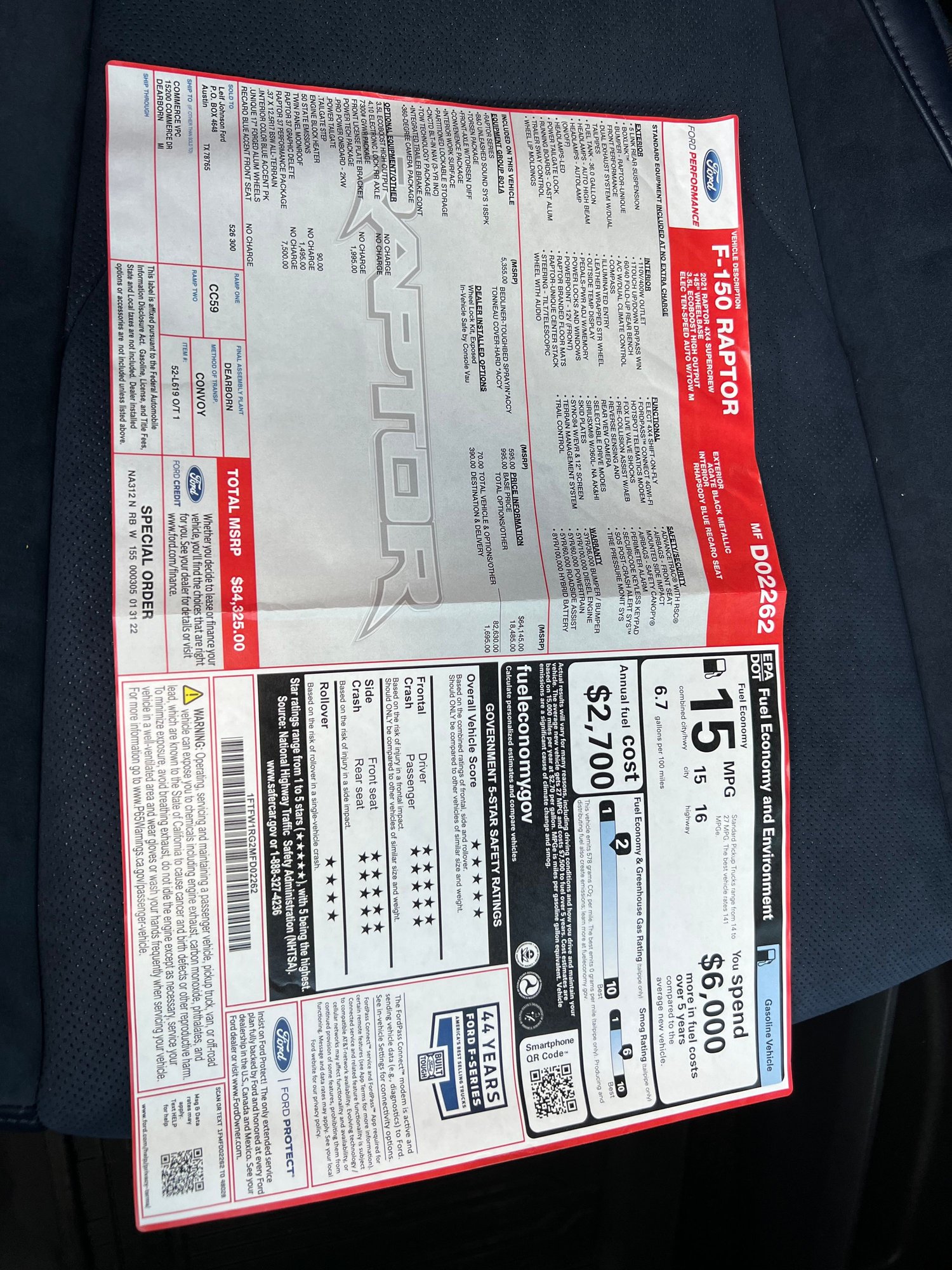 2021 Ford F-150 - Just delivered 2021 Ford Raptor 37 w/ Recaros - Used - VIN 1FTFW1RG2MFD02266 - 250 Miles - 6 cyl - 4WD - Automatic - Truck - Black - Austin, TX 78746, United States