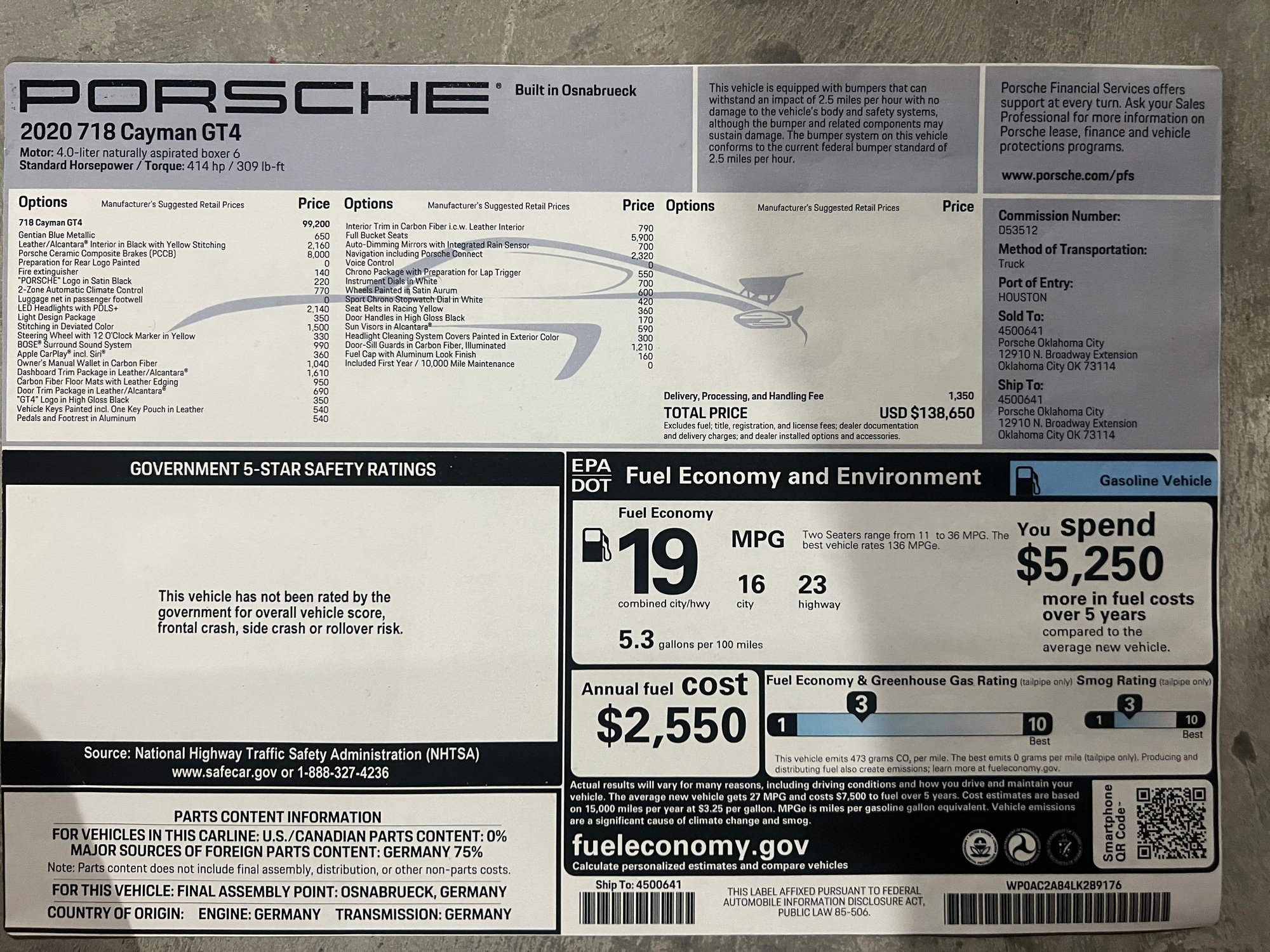 2020 Porsche 718 Cayman - 2020 Gentian Blue 718 GT4 $138,650 MSRP 6MT - Used - VIN WP0AC2A84LK289176 - 6,354 Miles - 6 cyl - 2WD - Manual - Coupe - Blue - Dakota Dunes, SD 57049, United States