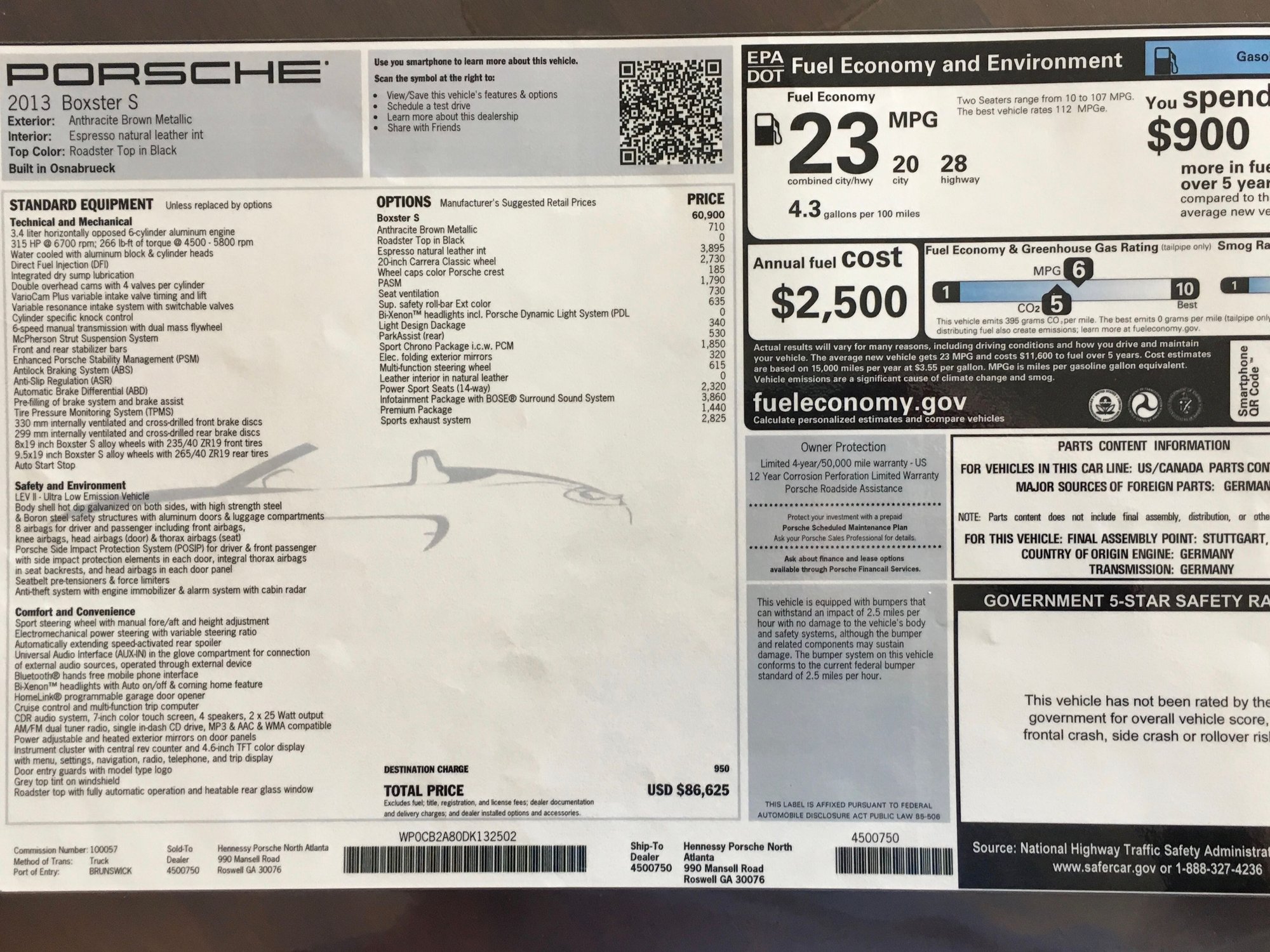 2013 Porsche Boxster - Manual 2013 Boxster S with 15,700 miles (MSRP $87,000) - Used - VIN WP0CB2A80DK132502 - 6 cyl - 2WD - Manual - Convertible - Brown - Atlanta, GA 30339, United States