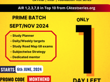 ONE DAY LEFT !!

CA Most Result Oriented Batch - CATest Series Mock Test Discount Offer Sept/Nov 2024 - CAtestseries.org

✅ Notes + Guidance Videos
✅ Suggested Answer + Toppers Sheets for comparison
✅ Study Planners + Imp Q’s + Imp MCQs & Case Study MCQs
✅ Live Mentoring + Strategy + Targets

Coupon Code - MONTHEND

Register : https://onelink.to/82b536

CAtestseries.org
78886-34515