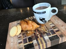 butter cookies, ham/cheese croissant, and hot chocolate