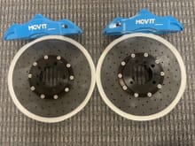 Larger view of front Ceramic rotors and two of the monoblock calipers.