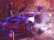 ST. PETERSBURG (FOX 13) - A Porsche went up in flames on Interstate 275 on Tuesday night.

Florida Highway Patrol said the driver was traveling on I-275 near 38th Avenue in St. Petersburg. The driver was carrying a gas tank in the passenger seat and lit a cigarette. That’s when the fire started.

FHP shared a photo of the scorched car covered in fire extinguisher foam, and still smoldering from the blaze.
The driver, who was not identified, escaped uninjured, but the Porsche did not.
