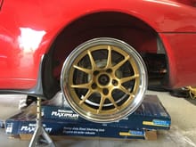 Test fitting with new rear wheels.  355 mm x 32mm rear Rotors with StopTech STR40 Calipers behind my 18x10 Forgeline GA3r wheels...