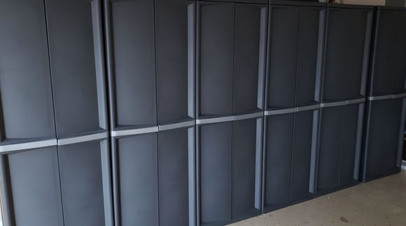 8 of these cabinets and a large Keter cabinet provide plenty of storage.  I can hit my pressure washer and shop vac. This winter I'll finish the project with adding about 24000 lumens of LED strip lights, for 30,000 total.  Hope that's enough to do quality detailing inside my 