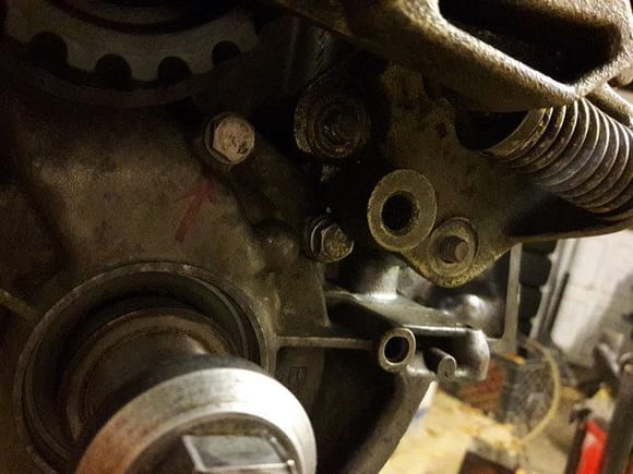 Here you can see the right-hand bolt (to the right of the one with the red arrow) is fouling the timing belt tensioner's round thingy. (That's a technical term)
