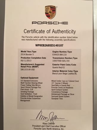 COA for my 2014 Boxster S
