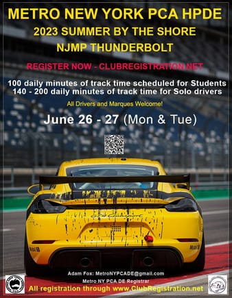 Metro NY region driver Education at NJMP Thunderbolt circuit.  Email me with any questions at Presidentmetronyregion@gmail.com
All skill levels welcome. 