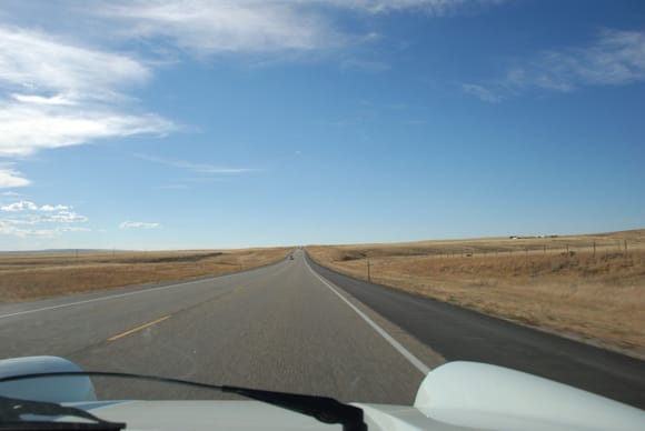 The fender view down the open road.