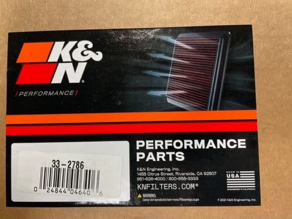K&N part number and box