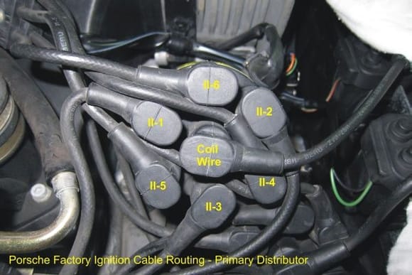 The OEM Porsche primary distributor ignition wire routing along with cylinder numbers.