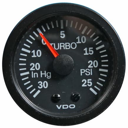 This analog boost gauge indicates 30 hg to 25 psi and measures 2 1/16" in diameter.