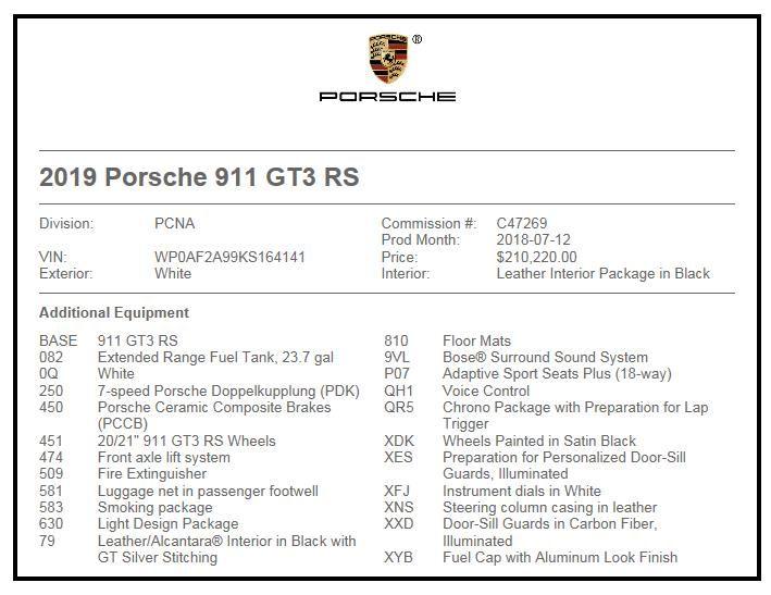 2019 Porsche GT3 - 2019 GT3 RS - Used - VIN WP0AF2A99KS164141 - 1,757 Miles - Atlanta, GA 30360, United States