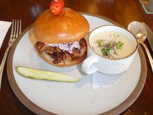 Pulled Pork sandwich with a side of Sweet Onion soup. 