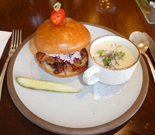 Pulled Pork sandwich with a side of Sweet Onion soup. 