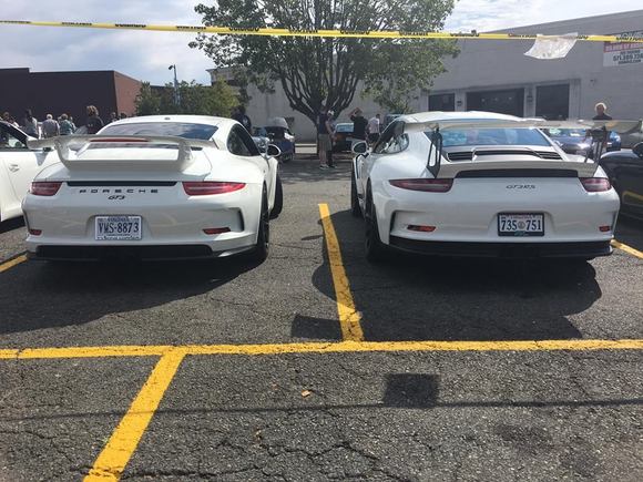 White Porsche 991 GT3 and GT3 RS at a car show in Fairfax, Virginia. Courtesy of Michael Gruntz Jr.