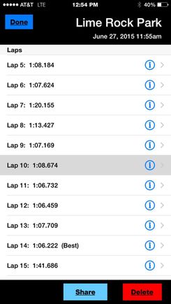 Lap times... Slowed by a poorly driven Lola.
The iPhone app is called Track Addict.