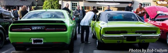 A Hellcat Challenger, with an old Charger.