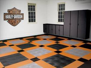 Harley themed garage - RaceDeck manufactures the Harley Davidson brand garage flooring