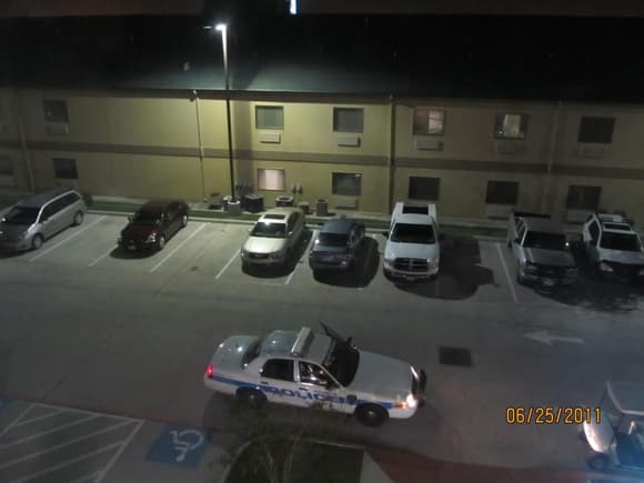 Houston, Texas Hotel lot. Car is 3rd from left. Hopefully they were not filming an episode of Cops last night.