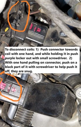 The purple tabs need to be pushed up before trying to remove the coil connectors.  Loosen all the connectors, then you can push them away from coils.  Pull up and wiggle the coils straight out, the stems are flexible, no sold plastic.