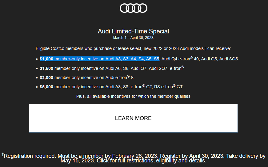 Costco Audi Special March 1st May 15th 1k Off New A5 Or S5 