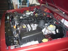 44000 mile engine installed. Ran it on the 1998 and 1999 Computers just to see if it would work. It did. Interesting... Had to use the engine wiring harness off 1999 since the injectors and starter have different connectors. Painted all components as I was reassembling motor and engine compartment.