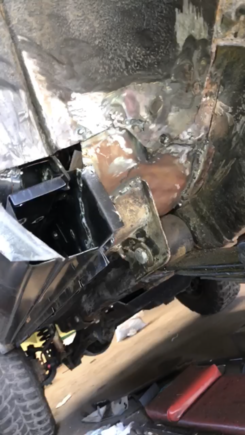 Tying in the new rockers was a lot of work. The rust had spread to parts of the rear wheel well and floor pan. (Again image quality is lacking because I pulled this from a video).